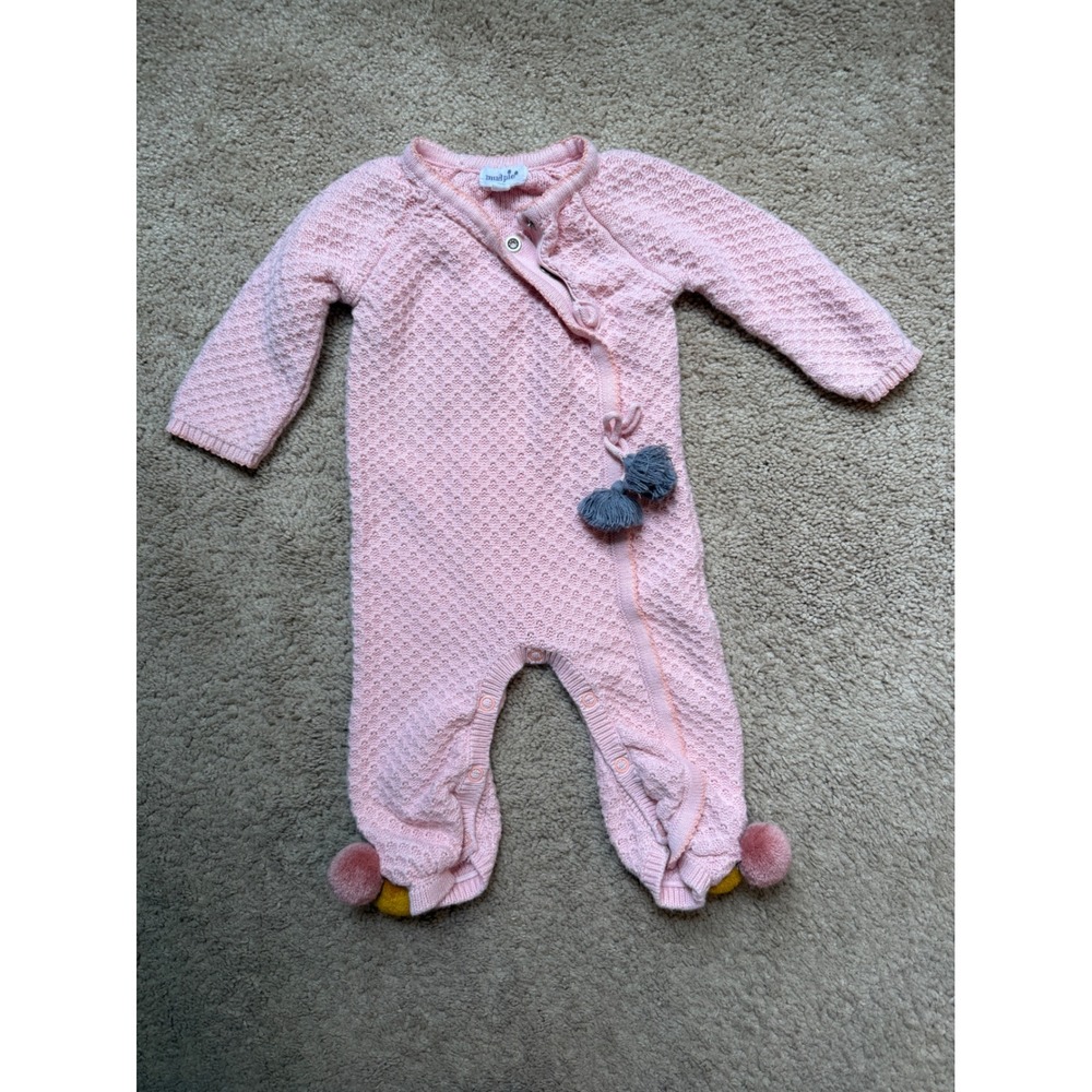 Mud Pie Baby Girls Pink Knit Romper Tassel Pom Pom One Piece 3-6 Months